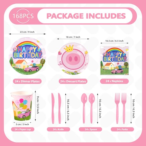168 Pcs Pig Birthday Party Plates Napkins Cups and Forks - Grencian