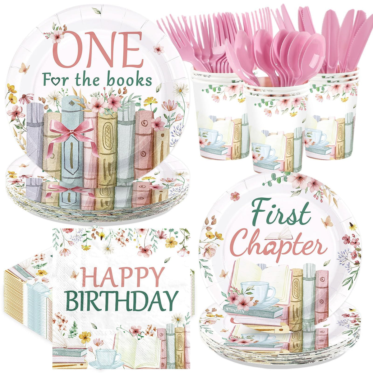 168 Pcs Pink Book 1st Birthday Party Plates Napkins Cups and Forks