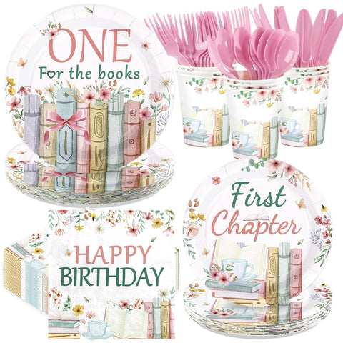 168 Pcs Pink Book 1st Birthday Party Plates Napkins Cups and Forks