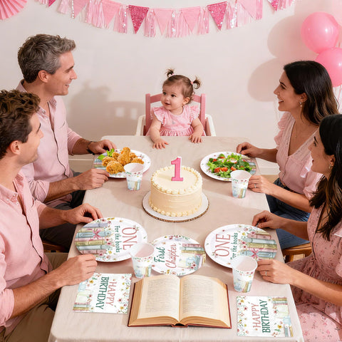 168 Pcs Pink Book 1st Birthday Party Plates Napkins Cups and Forks