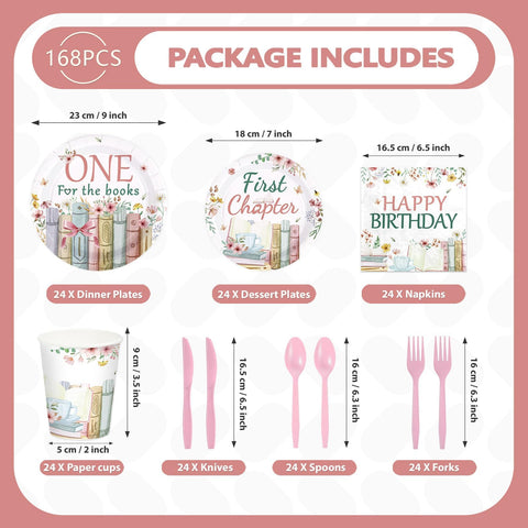 168 Pcs Pink Book 1st Birthday Party Plates Napkins Cups and Forks