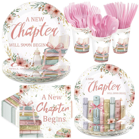 168 Pcs Pink Book Baby Shower Party Plates Napkins Cups and Forks