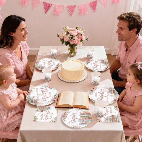 168 Pcs Pink Book Baby Shower Party Plates Napkins Cups and Forks