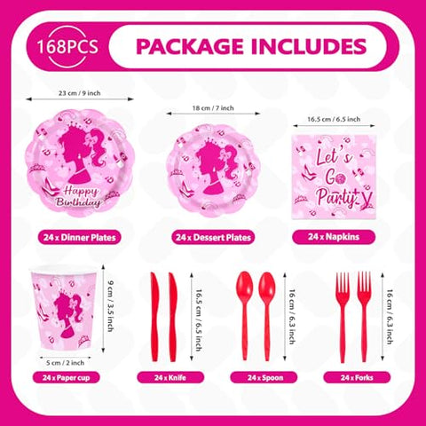 168 Pcs Pink Girl Party Plates Napkins Cups and Forks - Grencian
