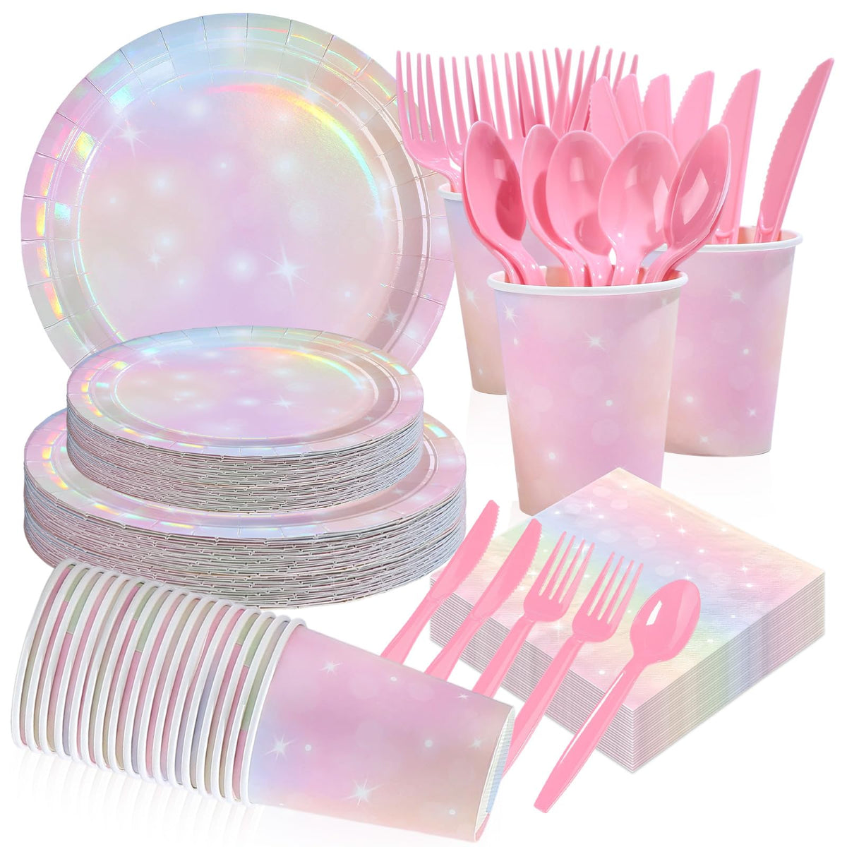 168 Pcs Pink Pastel Party Plates Napkins Cups and Forks - Grencian