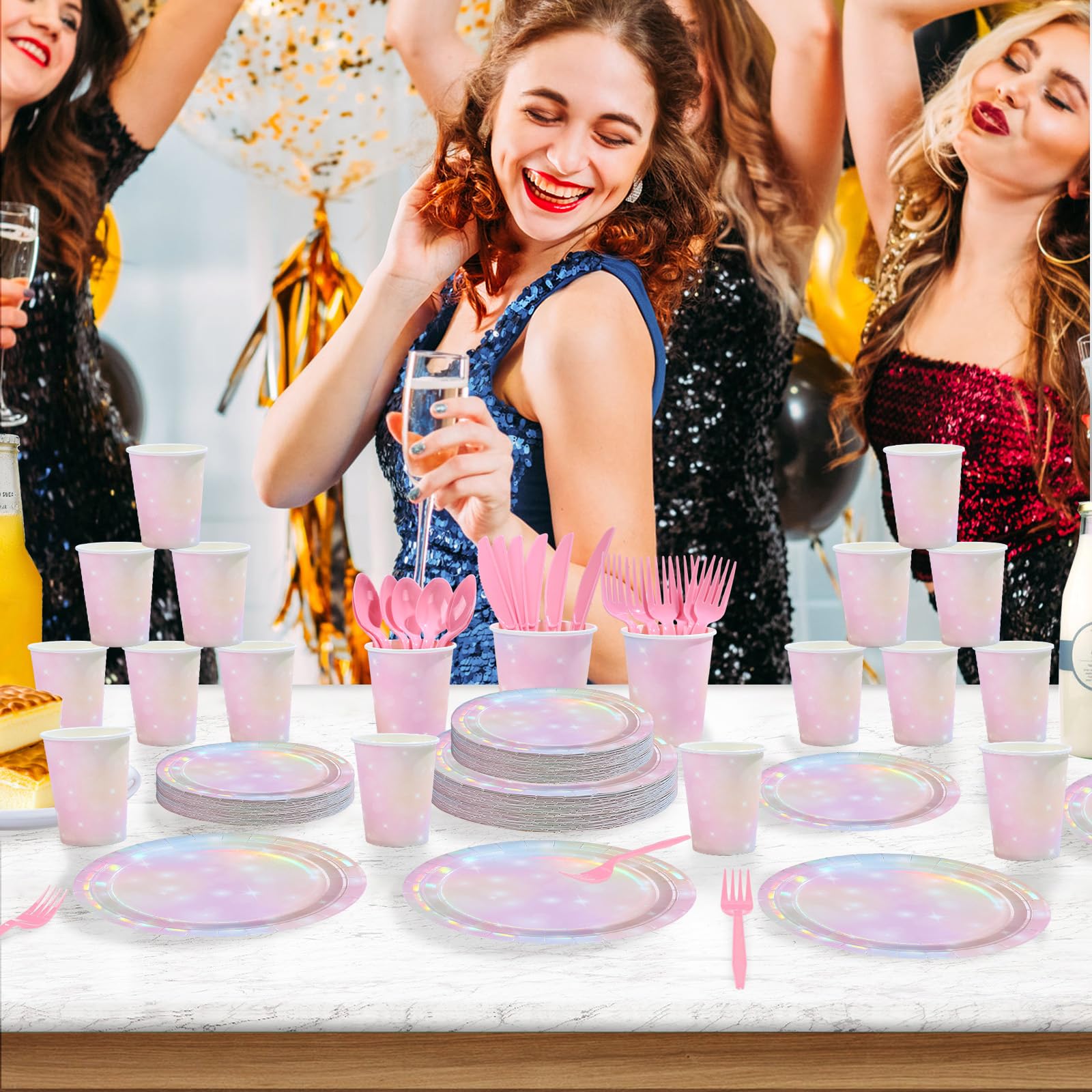 168 Pcs Pink Pastel Party Plates Napkins Cups and Forks - Grencian