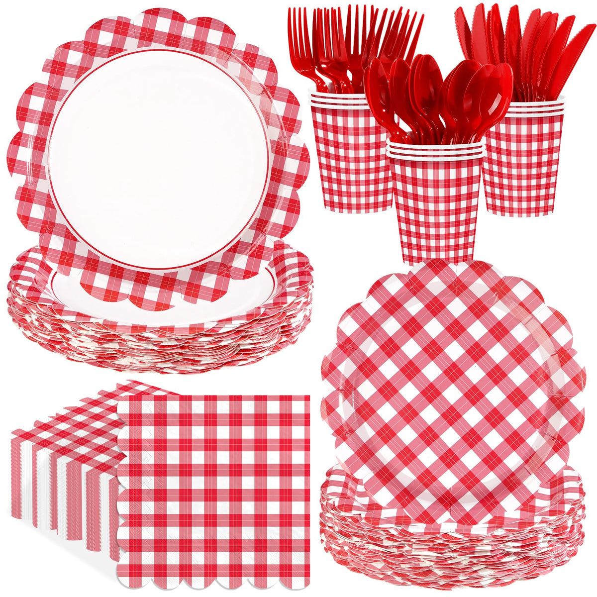 168 Pcs Red Gingham Scalloped Plates Napkins Cups and Forks - Grencian