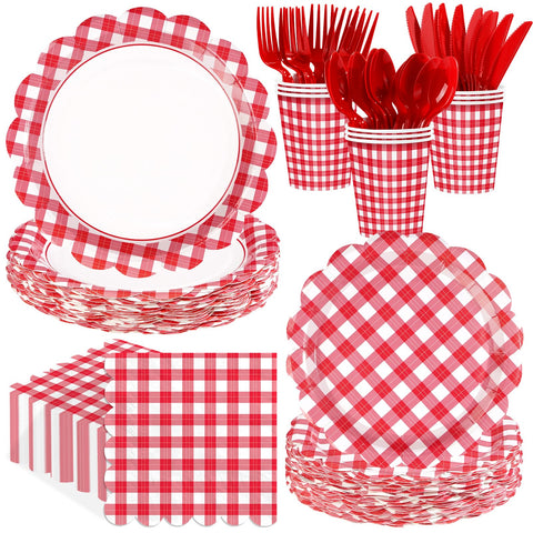 168 Pcs Red Gingham Scalloped Plates Napkins Cups and Forks - Grencian