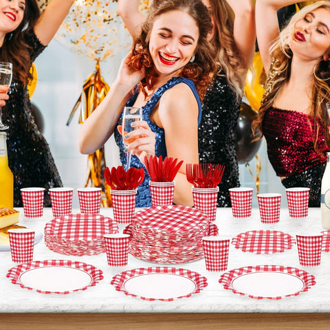 168 Pcs Red Gingham Scalloped Plates Napkins Cups and Forks - Grencian