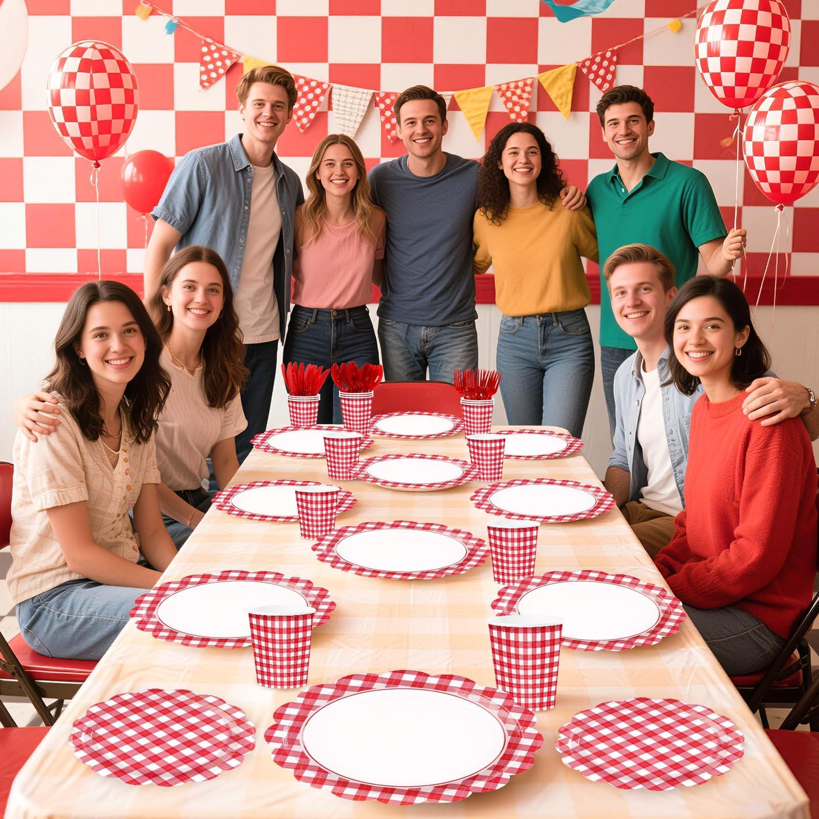 168 Pcs Red Gingham Scalloped Plates Napkins Cups and Forks - Grencian