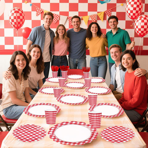 168 Pcs Red Gingham Scalloped Plates Napkins Cups and Forks - Grencian