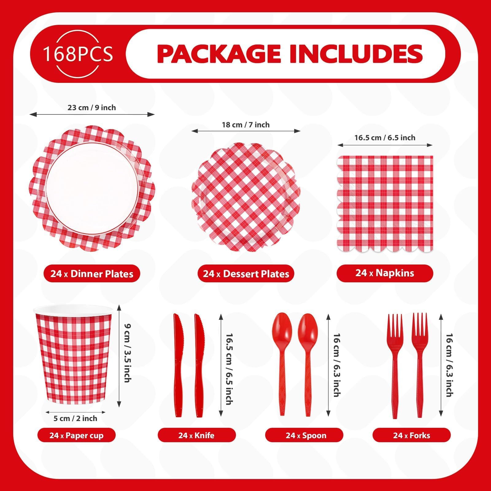 168 Pcs Red Gingham Scalloped Plates Napkins Cups and Forks - Grencian