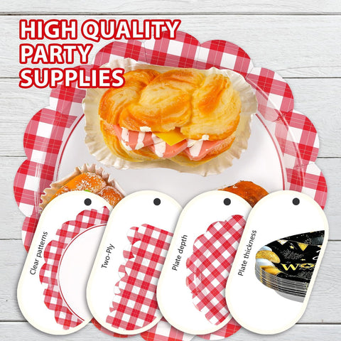 168 Pcs Red Gingham Scalloped Plates Napkins Cups and Forks - Grencian