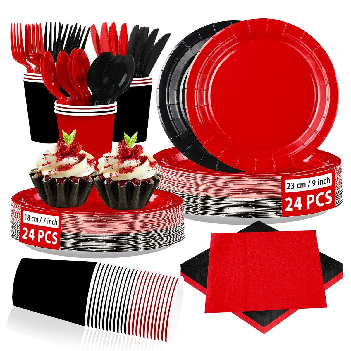 168 Pcs Red and Black Party Plates Napkins Cups and Forks - Grencian