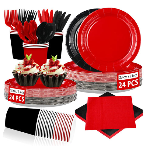 168 Pcs Red and Black Party Plates Napkins Cups and Forks - Grencian