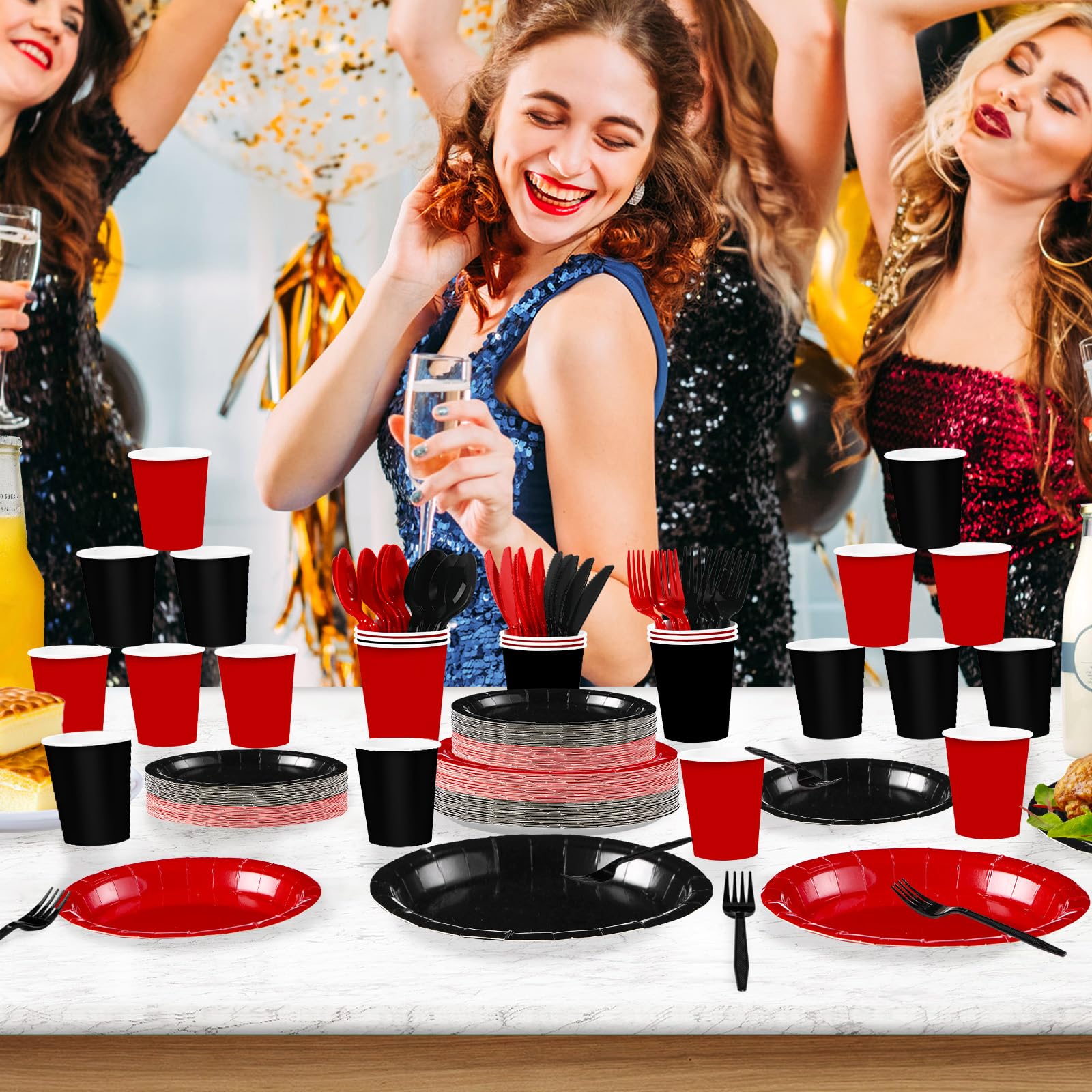 168 Pcs Red and Black Party Plates Napkins Cups and Forks - Grencian