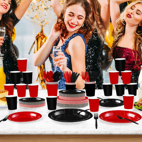 168 Pcs Red and Black Party Plates Napkins Cups and Forks - Grencian