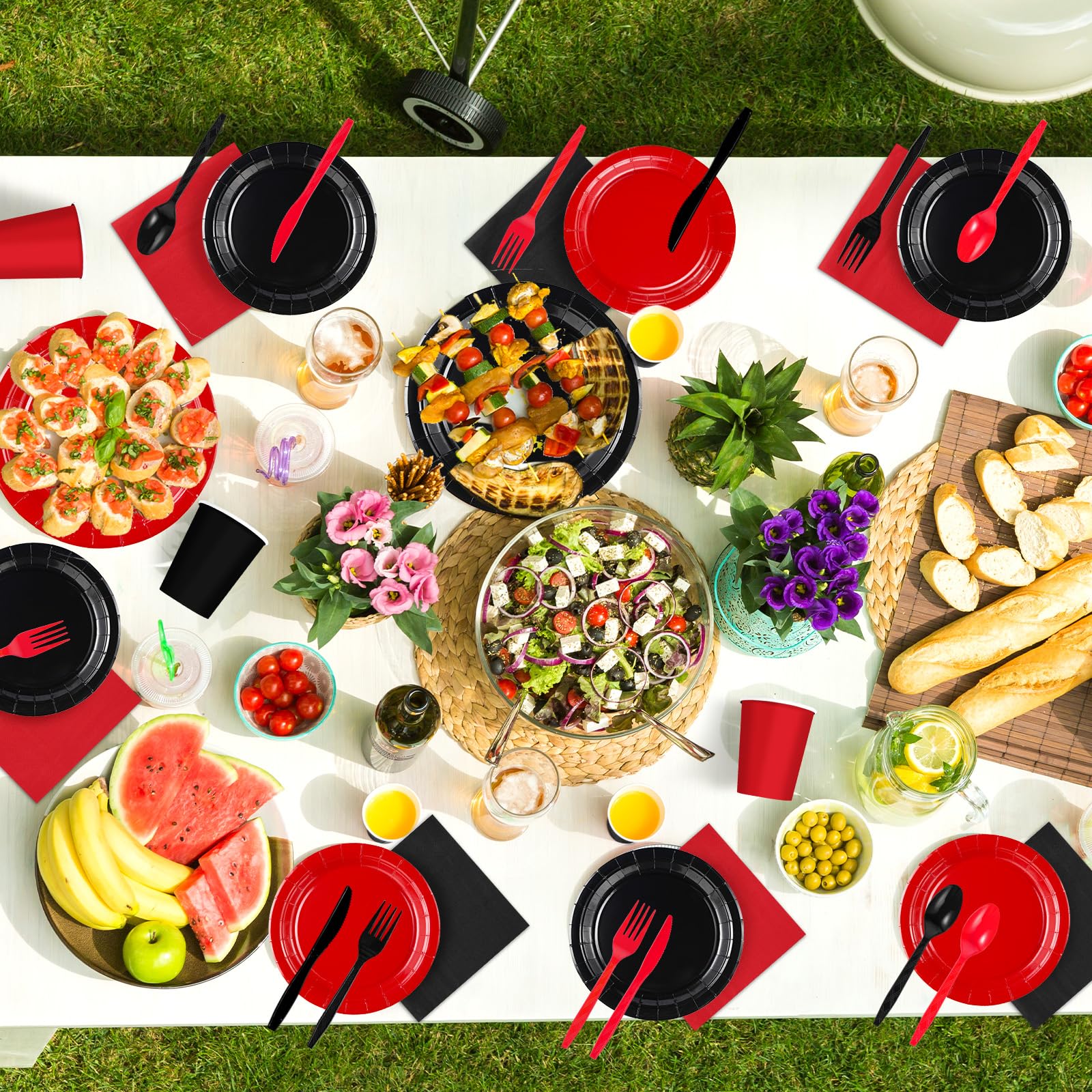 168 Pcs Red and Black Party Plates Napkins Cups and Forks - Grencian