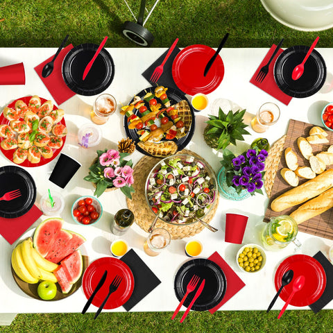 168 Pcs Red and Black Party Plates Napkins Cups and Forks - Grencian