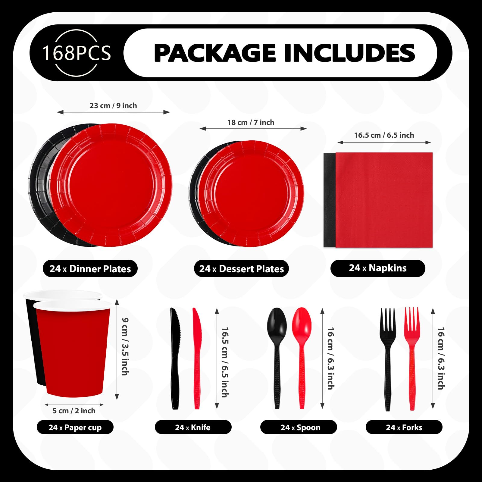 168 Pcs Red and Black Party Plates Napkins Cups and Forks - Grencian