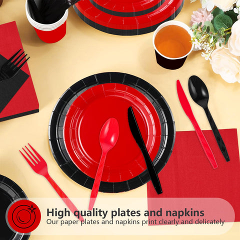 168 Pcs Red and Black Party Plates Napkins Cups and Forks - Grencian