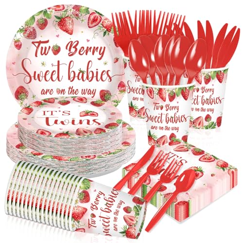 168 Pcs Strawberry Twins Baby Shower Party Plates Napkins Cups and Forks - Grencian