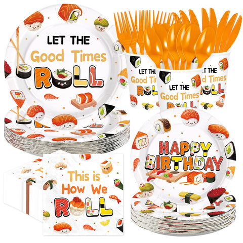 168 Pcs Sushi Birthday Party Plates Napkins Cups and Forks - Grencian