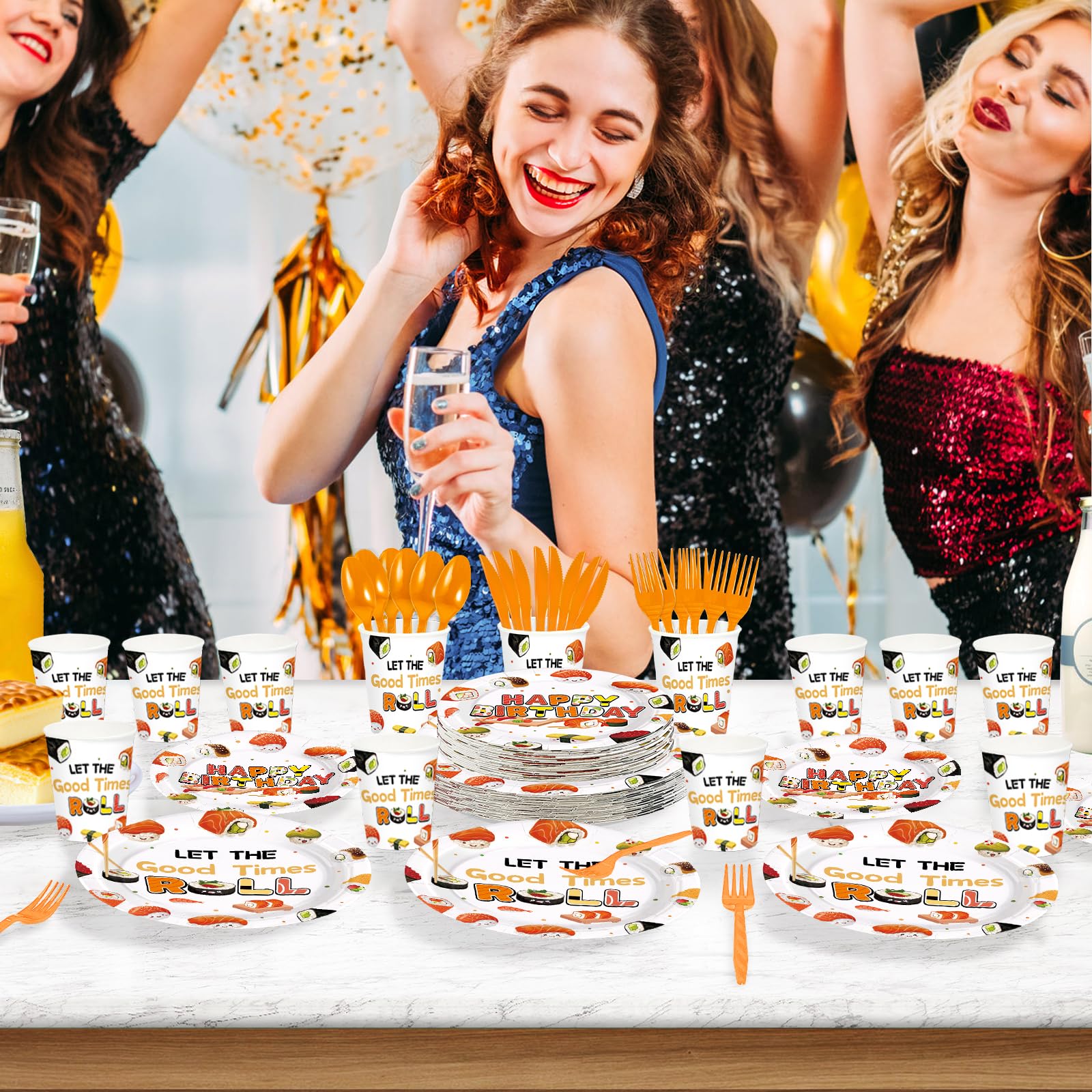 168 Pcs Sushi Birthday Party Plates Napkins Cups and Forks - Grencian