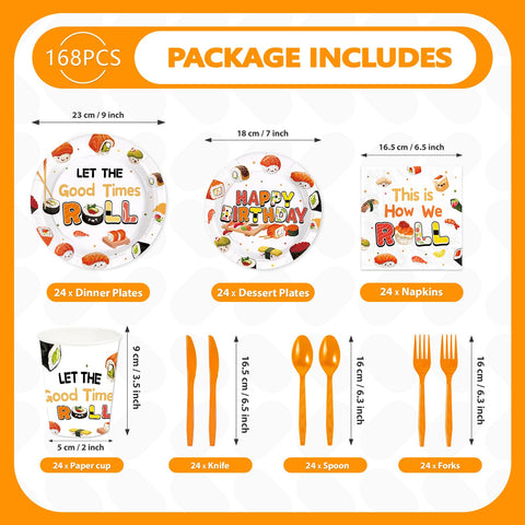168 Pcs Sushi Birthday Party Plates Napkins Cups and Forks - Grencian