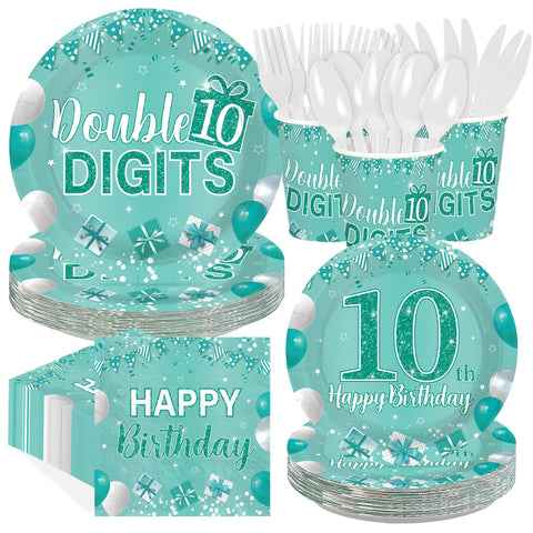 168 Pcs Teal 10th Birthday Party Plates Napkins Cups and Forks
