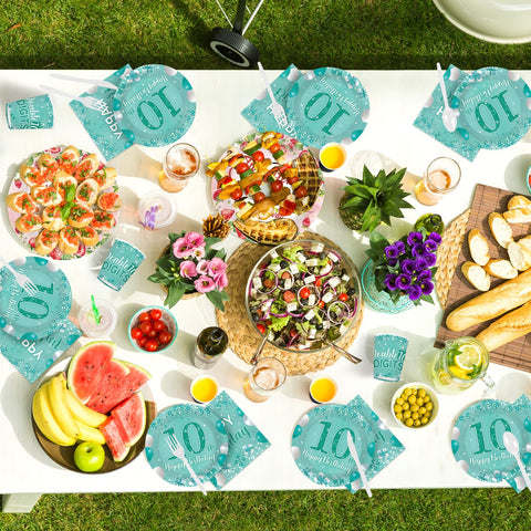 168 Pcs Teal 10th Birthday Party Plates Napkins Cups and Forks