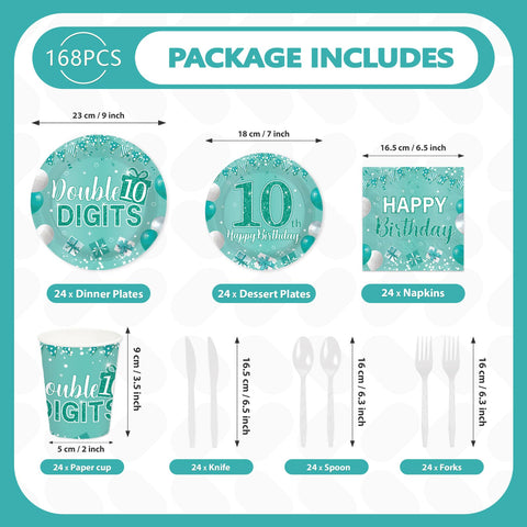 168 Pcs Teal 10th Birthday Party Plates Napkins Cups and Forks