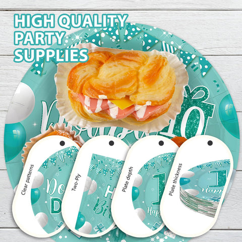 168 Pcs Teal 10th Birthday Party Plates Napkins Cups and Forks