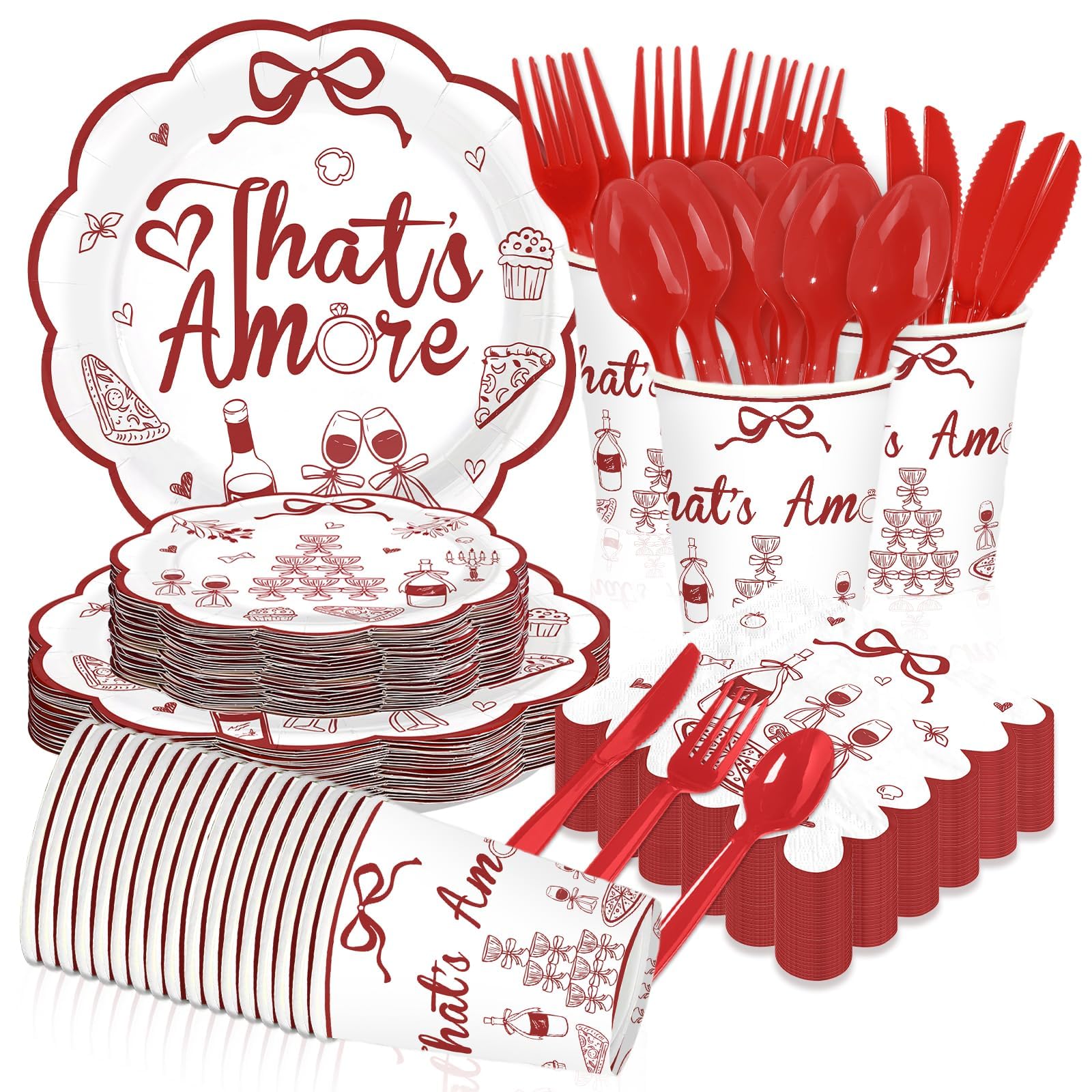 168 Pcs That's Amore Party Scalloped Plates Napkins Cups and Forks - Grencian