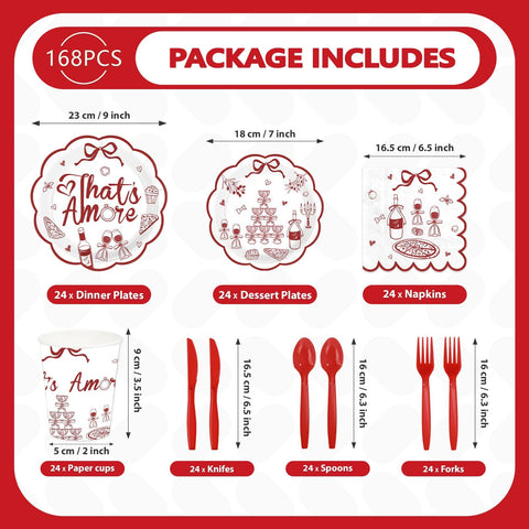 168 Pcs That's Amore Party Scalloped Plates Napkins Cups and Forks - Grencian