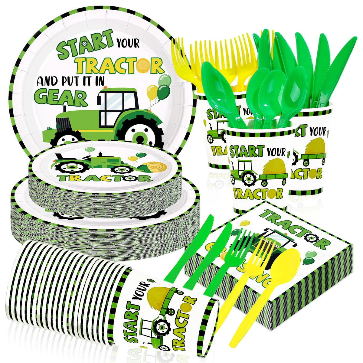 168 Pcs Tractor Birthday Party Plates Napkins Cups and Forks - Grencian