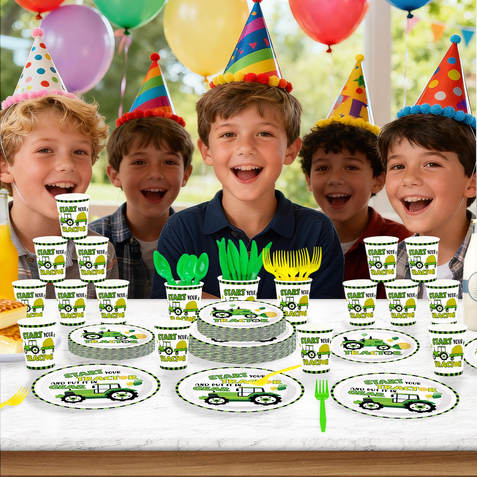 168 Pcs Tractor Birthday Party Plates Napkins Cups and Forks - Grencian