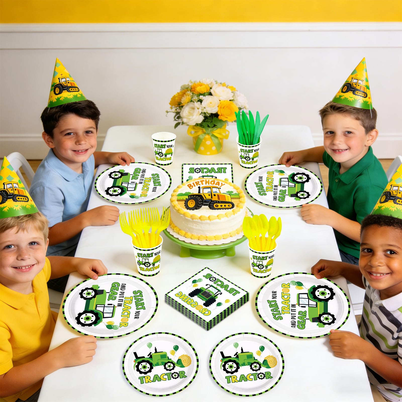 168 Pcs Tractor Birthday Party Plates Napkins Cups and Forks - Grencian