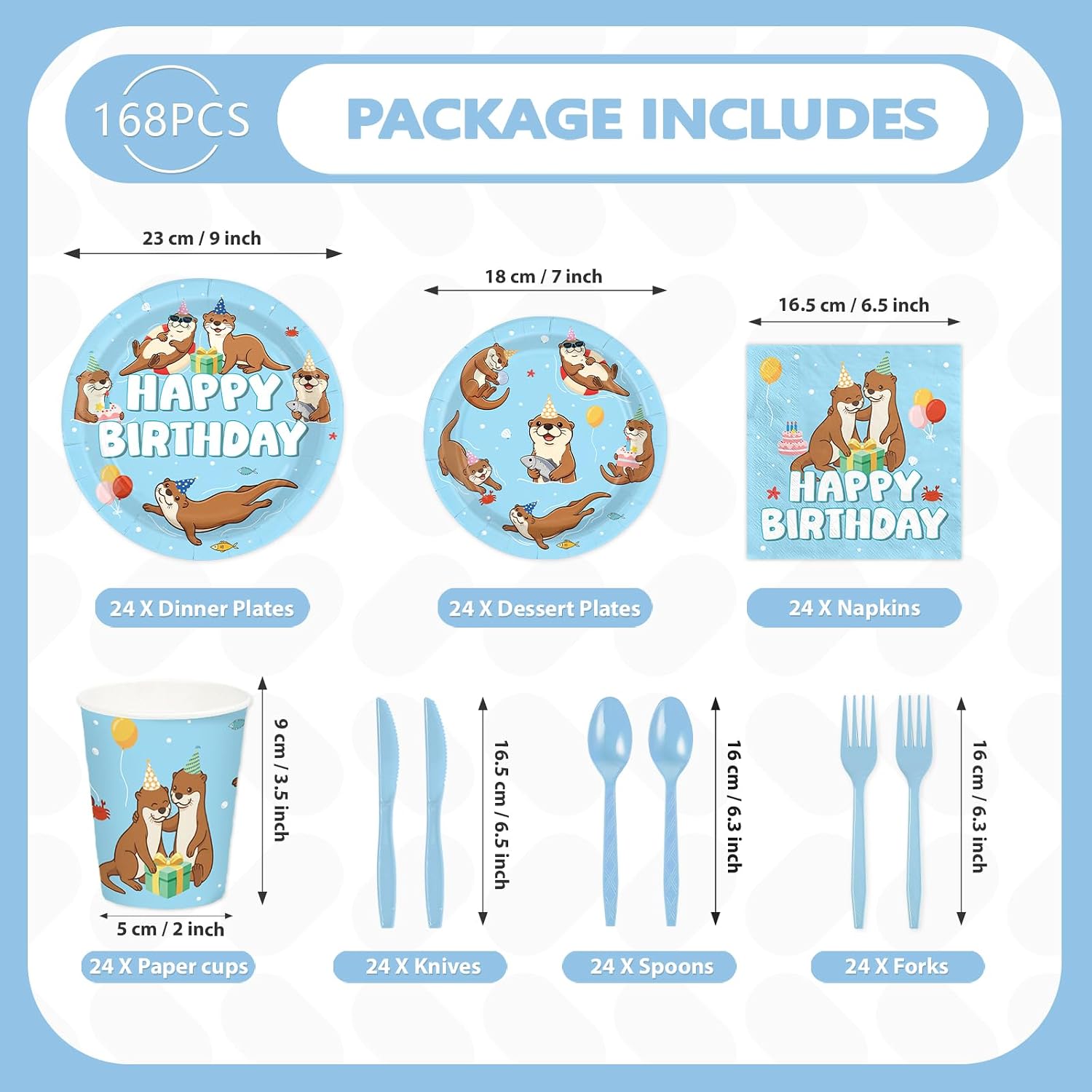 168 Pcs Blue Otter Birthday Party Plates Napkins Cups Set - Serves 24 - Grencian