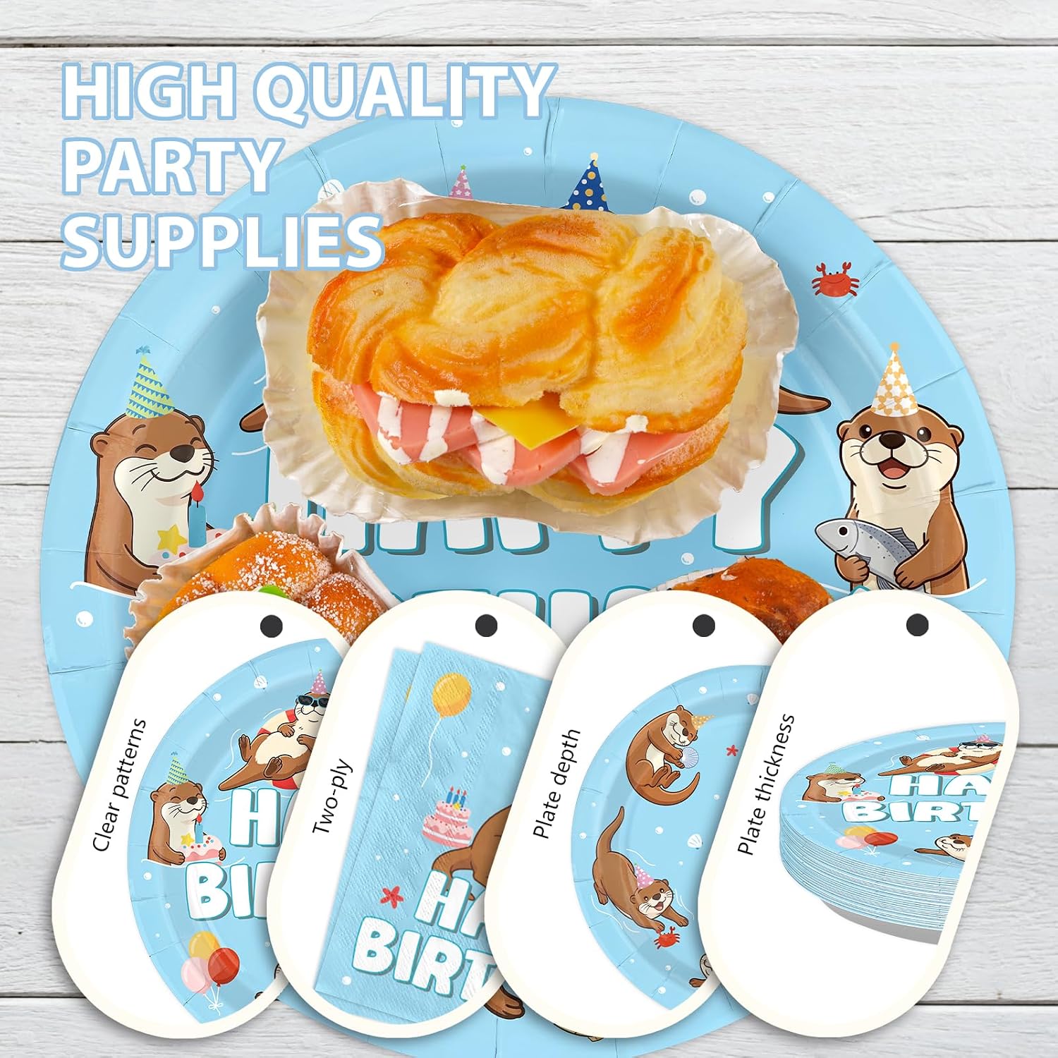 168 Pcs Blue Otter Birthday Party Plates Napkins Cups Set - Serves 24 - Grencian