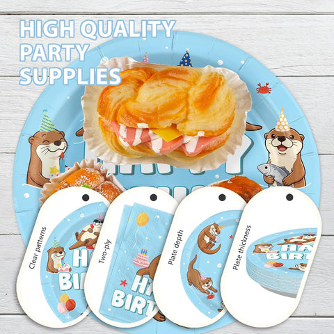 168 Pcs Blue Otter Birthday Party Plates Napkins Cups Set - Serves 24 - Grencian