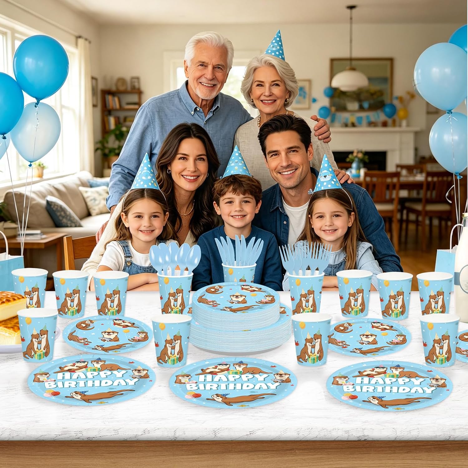 168 Pcs Blue Otter Birthday Party Plates Napkins Cups Set - Serves 24 - Grencian