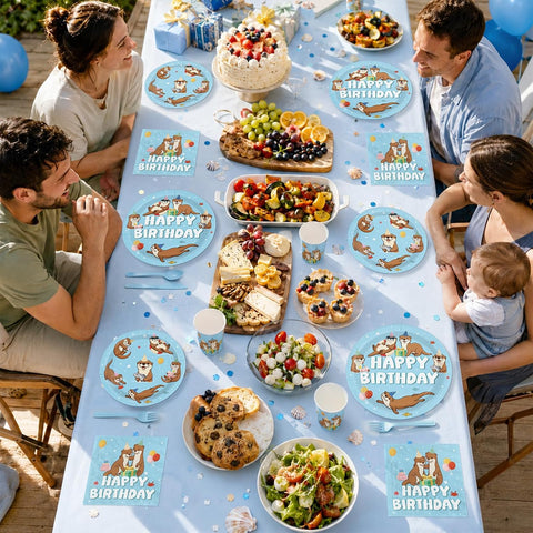 168 Pcs Blue Otter Birthday Party Plates Napkins Cups Set - Serves 24 - Grencian