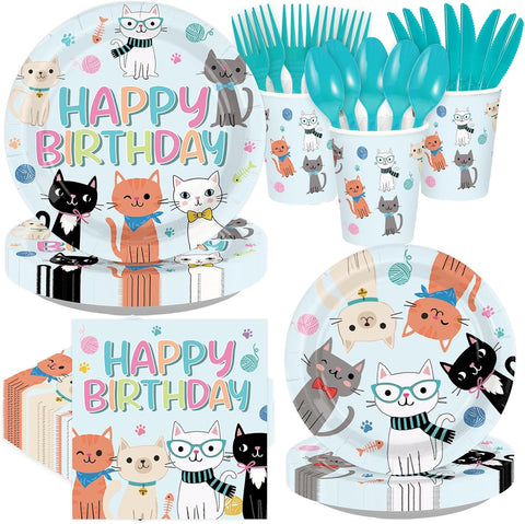 168 Pcs Cat Birthday Party Plates Napkins Cups Set - Serves 24 - Grencian