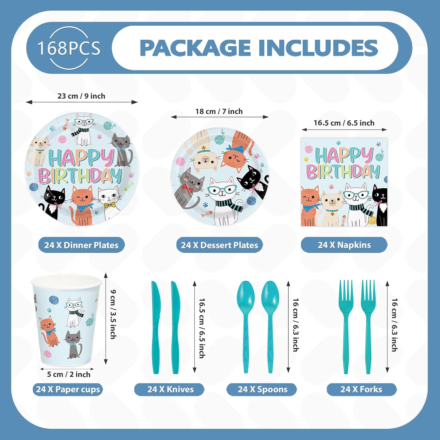 168 Pcs Cat Birthday Party Plates Napkins Cups Set - Serves 24 - Grencian