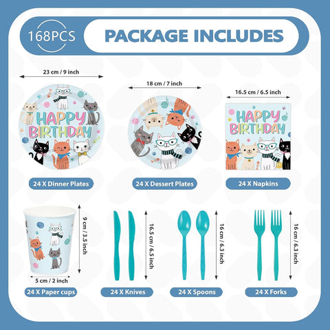 168 Pcs Cat Birthday Party Plates Napkins Cups Set - Serves 24 - Grencian