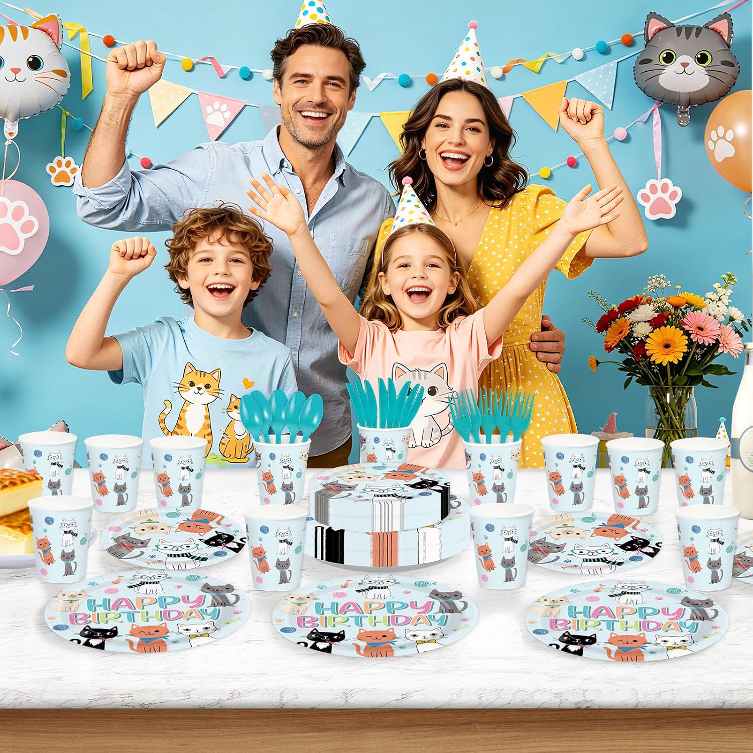 168 Pcs Cat Birthday Party Plates Napkins Cups Set - Serves 24 - Grencian