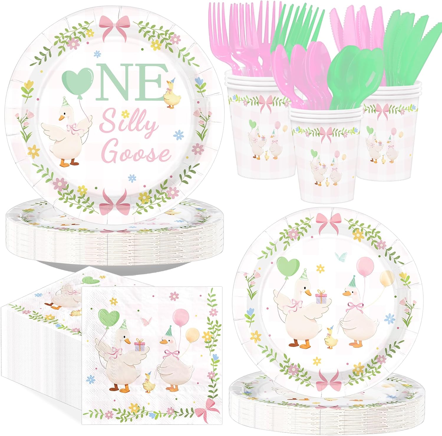 168 Pcs One Silly Goose 1st Birthday Plates Napkins Cups Set - Serves 24 - Grencian