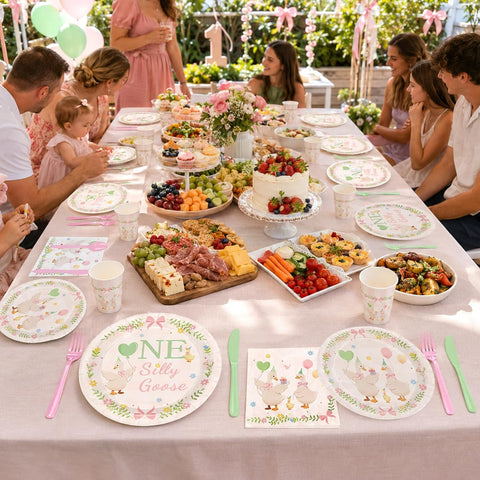 168 Pcs One Silly Goose 1st Birthday Plates Napkins Cups Set - Serves 24 - Grencian
