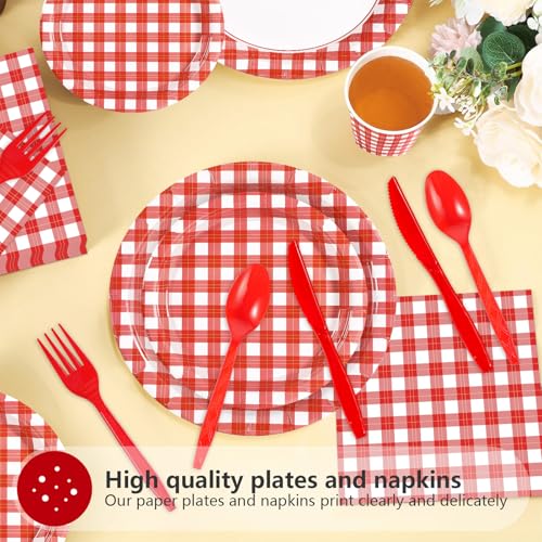 168Pcs Red and White Gingham Paper Supplies - Grencian